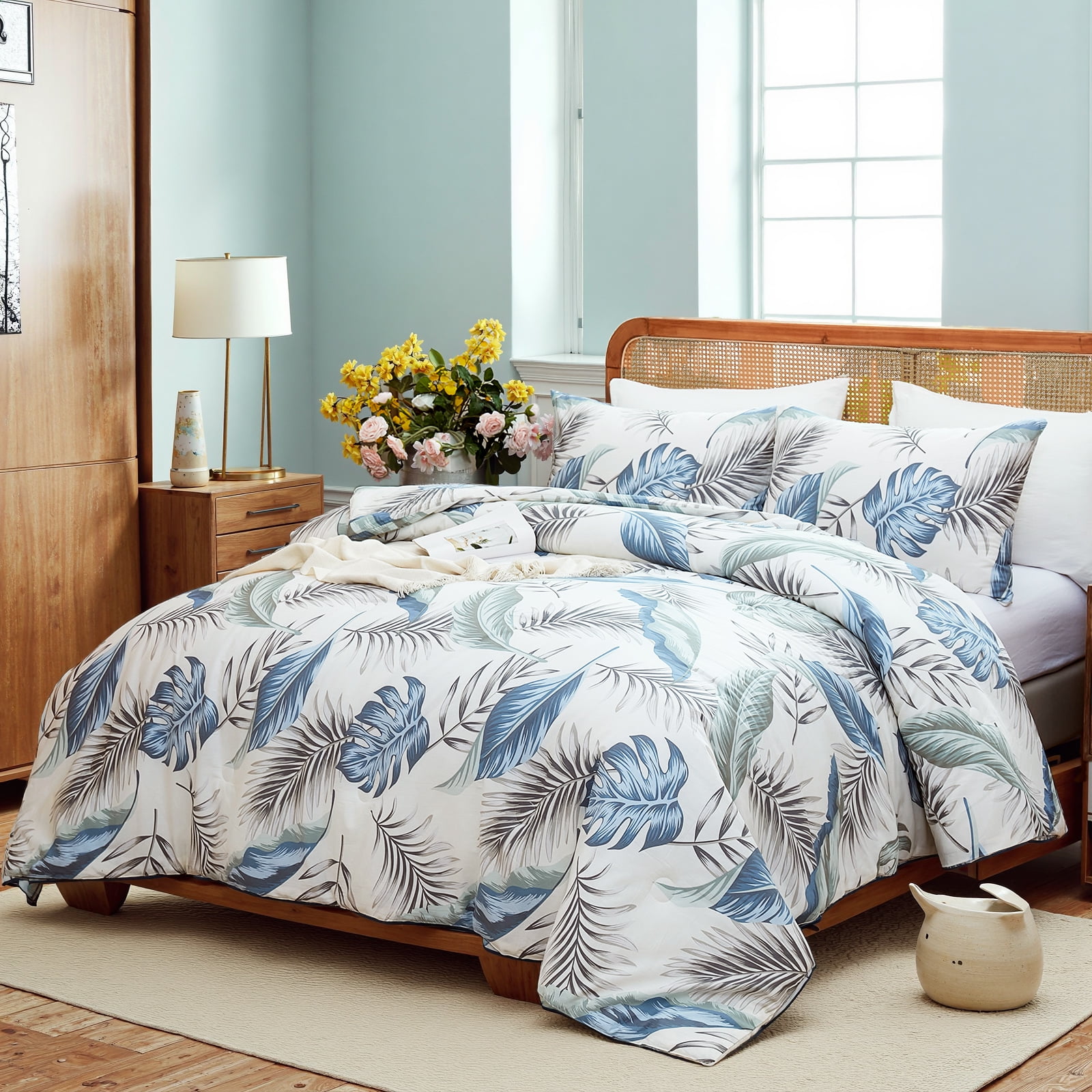 100% Cotton Comforter Set Queen Size, Botanical Floral Comforter with 2 Pillowcases, Vintage Garden Flowers Pattern, Soft Breathable Bedding for All Seasons