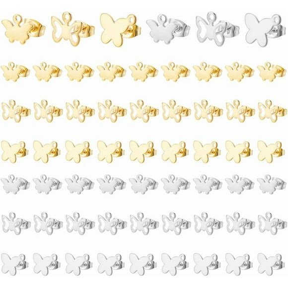 60pcs 6 Styles Butterfly Earring Post Studs with Hoop Butterfly Shape Minimalist Earring Studs and Backs Stainless Steel Earring Studs for DIY Earrings Making Hole: 1.2-1.4mm