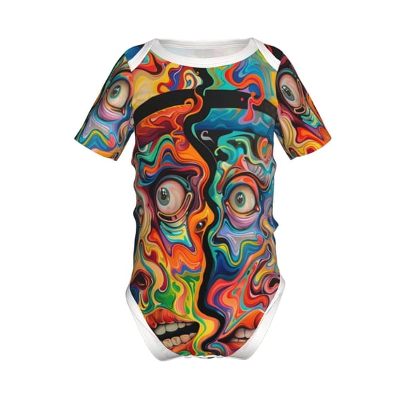 Xecao Psychedelic Faces Colorful Pattern Baby Climbing Bodysuit Short Sleeve Onesie Unisex 0-12 Months Baby Shirt Newborn Outfits Crotch snap design-3 Months