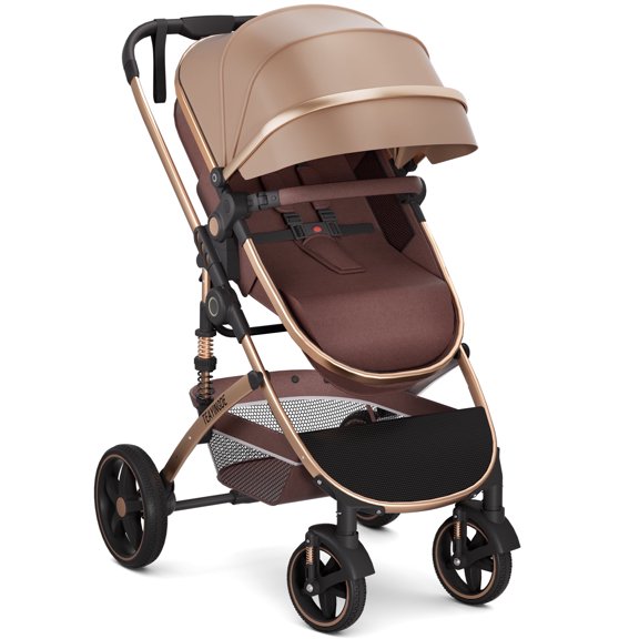 babyeap Baby Stroller, 2-in-1 Foldable eversible Toddler Seat with Bassinet Mode, Cup Holder、Storage Bag,Brown