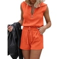 thumbnail image 4 of Sleeveless Women's Casual Shorts Rompers Summer Half Zip Lapel Collar Drawstring Knit One Piece Jumpsuit with Pockets, 4 of 6