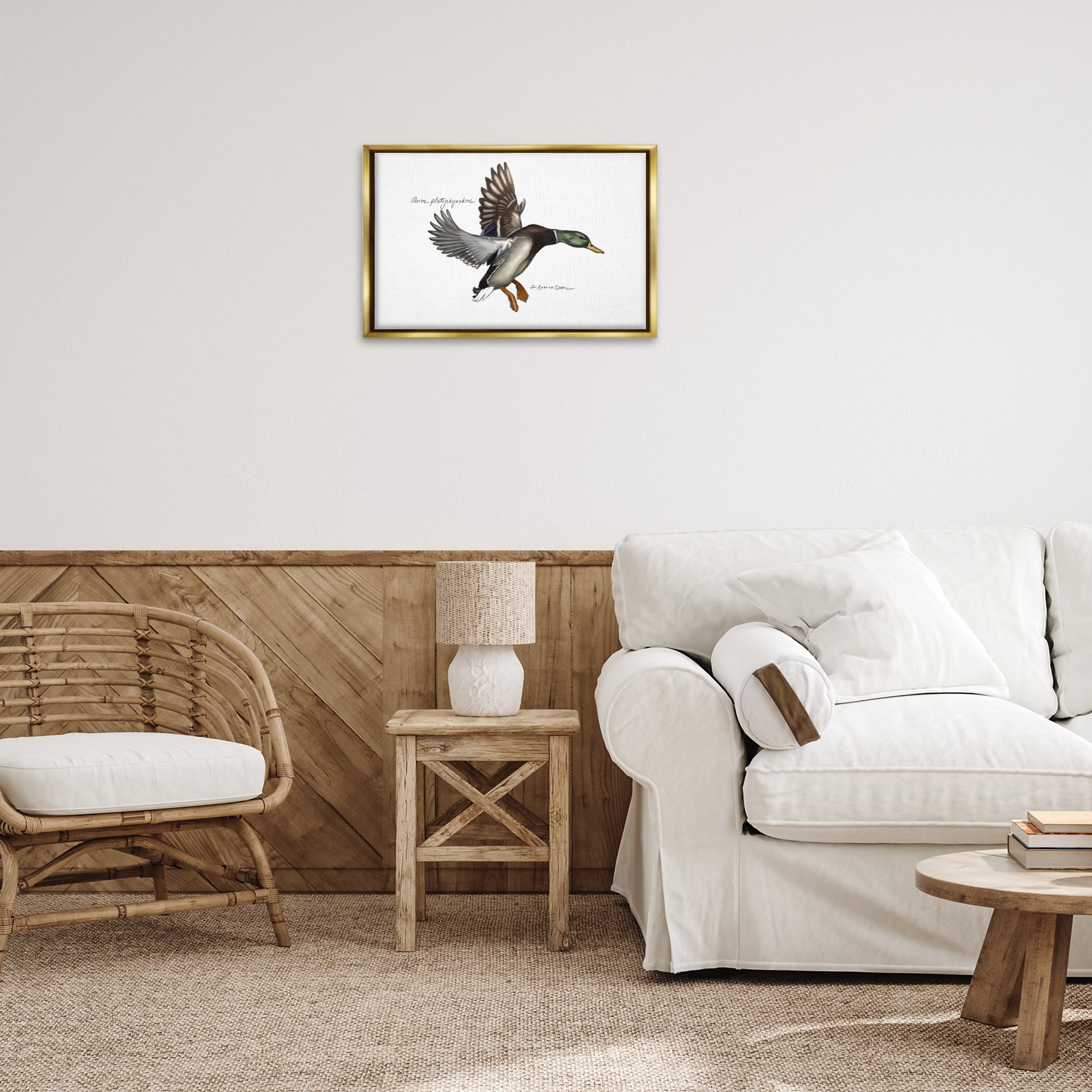 Stupell Industries Flying Mallard Duck Animals & Insects Painting Gold Floater Framed Canvas Art Print Wall Art, 25 x 17