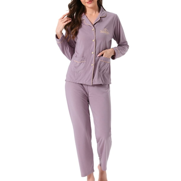 Conjunto de lounge para mujeres INSPIRE CHIC de algodón, con botones, manga larga, pantalones, patrón acanalado y bolsillo, pijama, ropa de estar en casa, 2XL, púrpura