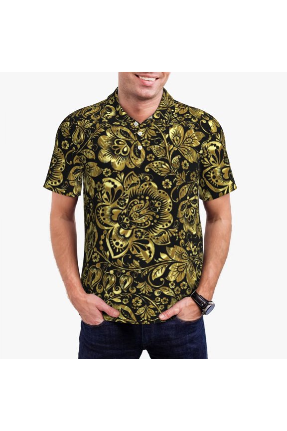 Gold Baroque Print Casual T-Shirts Black And Shiny Damasks Polo Shirt Man Cool Shirt Beach