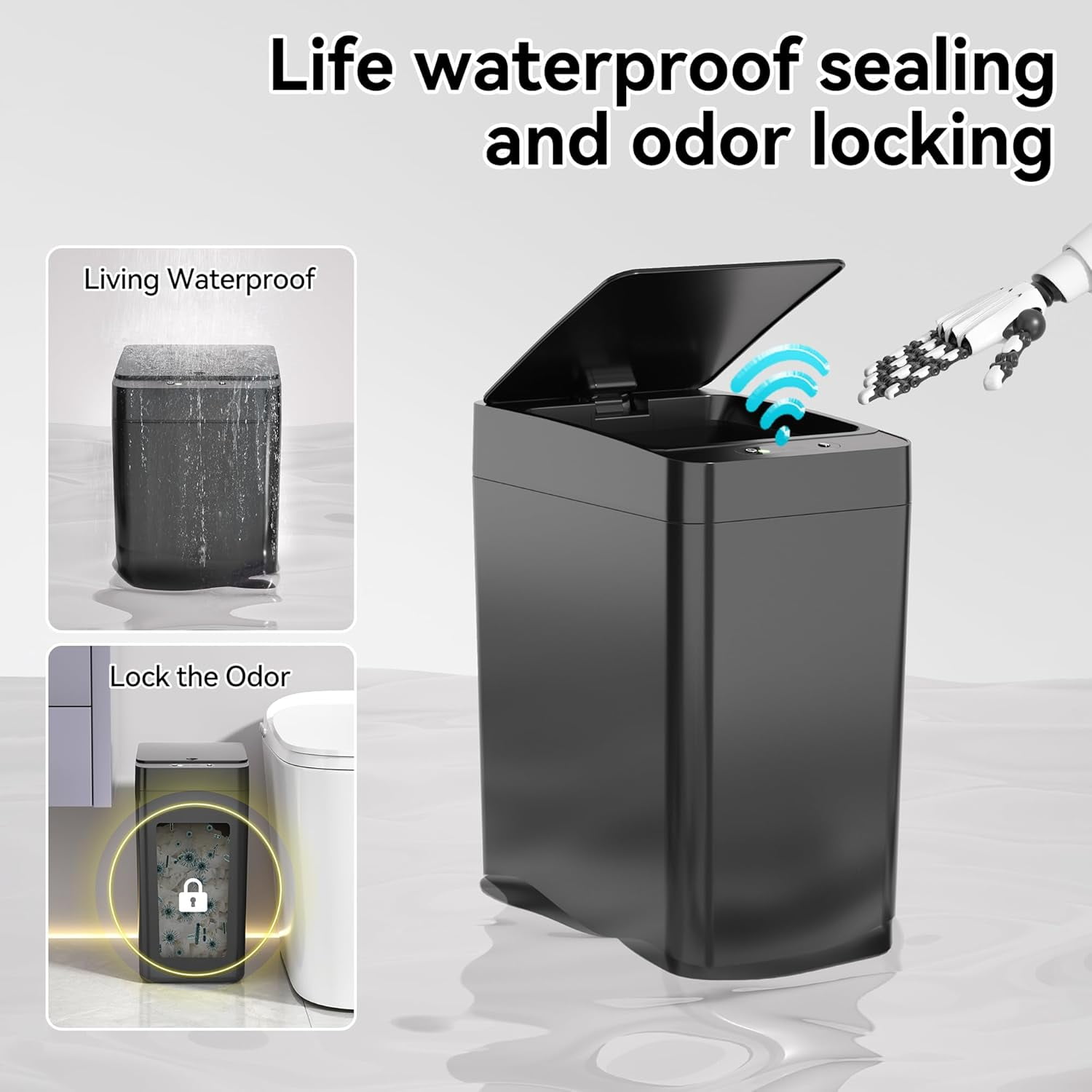 IRINNA 2Pack Bathroom Small Trash Can with Lid, 2.6 Gallon Touchless Automatic Garbage Can Slim Waterproof Motion Sensor Smart Trash Bin for Bedroom, Office, Kitchen, Living Room (Black)