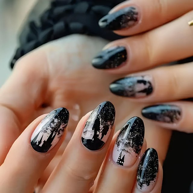 CHAONENG Uñas postizas adhesivas Black Gradient Milky Way, 24 piezas