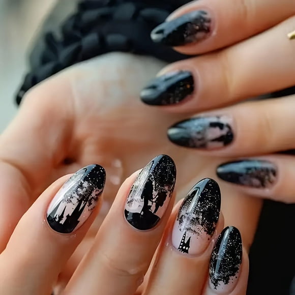 CHAONENG Uñas postizas adhesivas Black Gradient Milky Way, 24 piezas