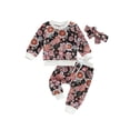 thumbnail image 2 of Elippeo Infant Baby Girls 3 Pieces Outfit 6M 12M 18M 24M 3Y  Floral Print Round Neck Long Sleeve Sweatshirts Tops + Elastic Waist Long Pants + Headband, 2 of 9