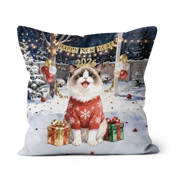 Happy New Year 2026 Ragdoll Holiday Balloons Party Snow Pillow Cushion Double Sided Cat Lover Kitten Owner Gifts Idea Throw Pillow - 13018