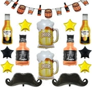 24Pcs Beer Mylar Helium Balloons Corona Whiskey Bottle Beer Mug Golden Balloon Beard Foil Balloons for Birthday,Webbing,Beer Themed Party Decoration Supply Whiskey Themed Party Supplies