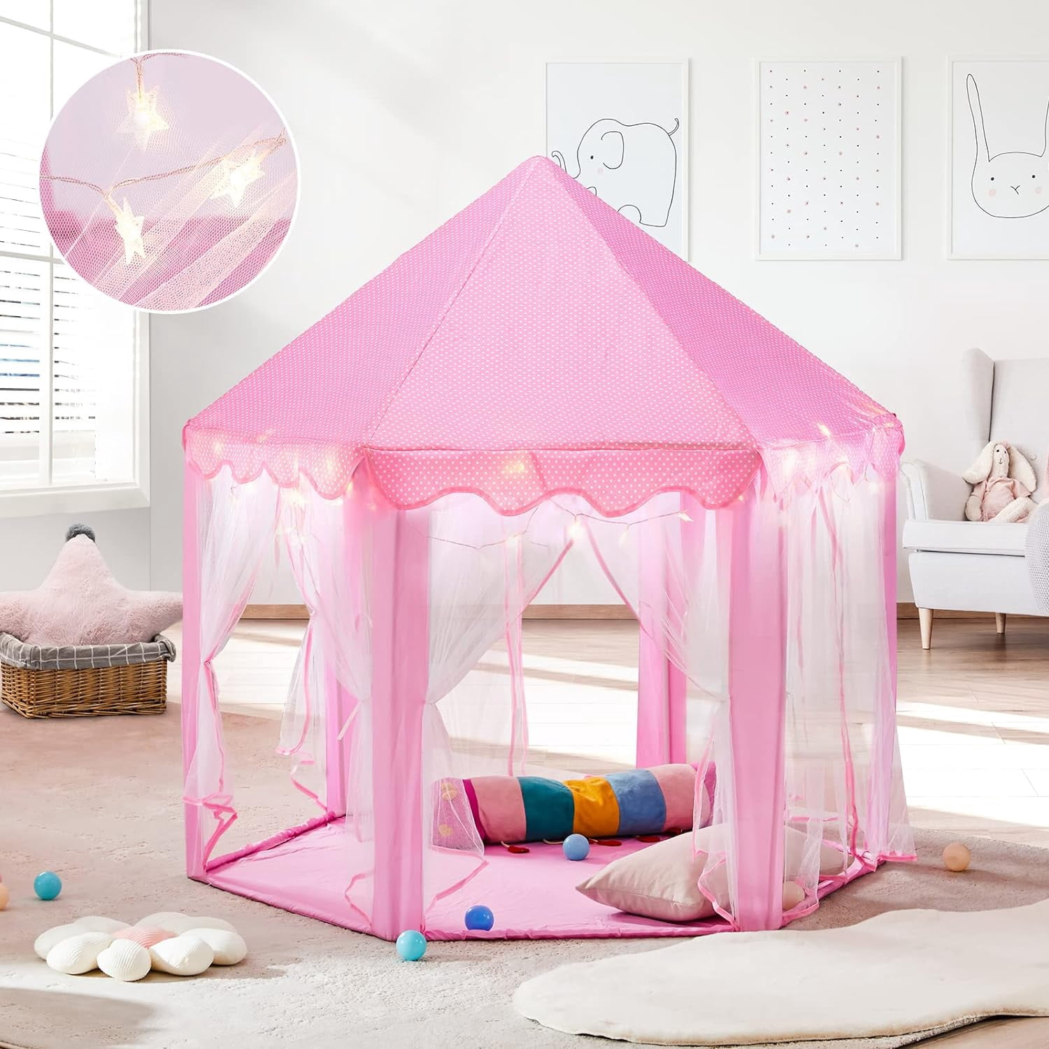 Princess Castle Play Tent with LED Star Lights,Large Size 55" x 53" Pink Hexagon Playhouses Kids Tent Indoor Outdoor Games for Toddlers 2-8 Years Old