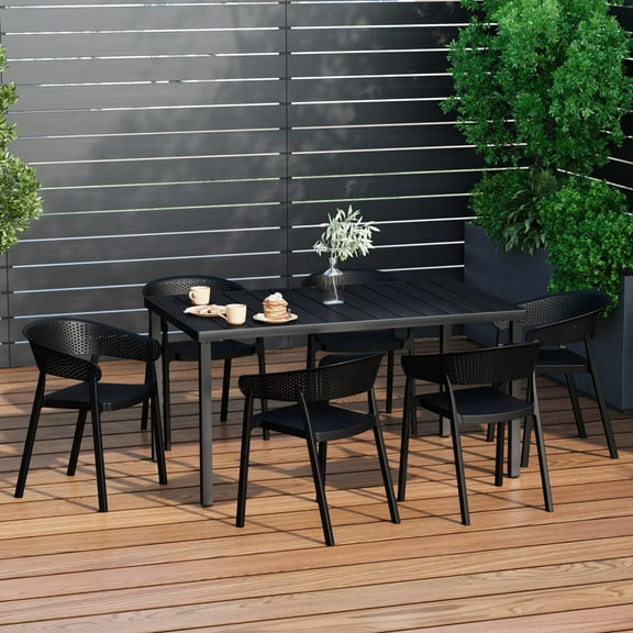WestinTrends Playa 7-Piece Outdoor Metal Rectangle Patio Dining Table Set With Stackable Patio Dining Chairs, Black