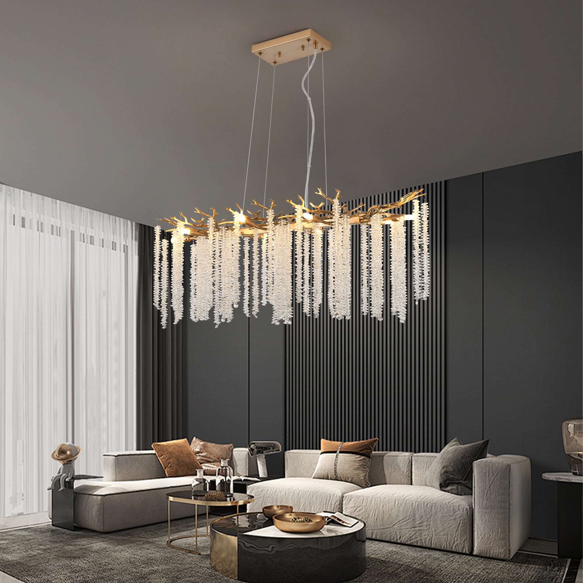 Modern Crystal Tree Branch Chandelier, Gold Linear Art Deco Raindrop Indoor Hanging Pendant Light Fixture for Dining Room Kitchen Island Living Room Bedroom 8 Lights 39.4''