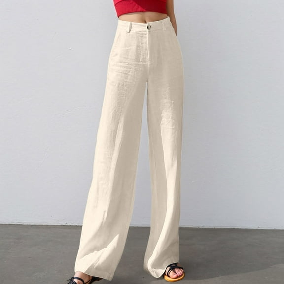 HOWPAY Womens Linen Pants Solid Color Relaxed Fit Wide Leg Elastic Waist Palazzo Trousers Casual Summer Beach Comfy Soft Baggy Pant Beige L