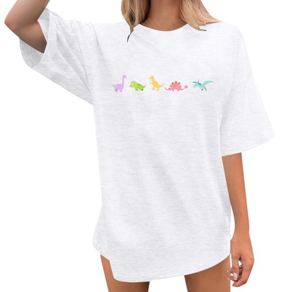 Graphic Tees for Women T-Shirt for Women Dinosaurs Graphic Tee with Casual Short Sleeve Comfort Fit for Everyday Wear and Spring Autumn Season White M