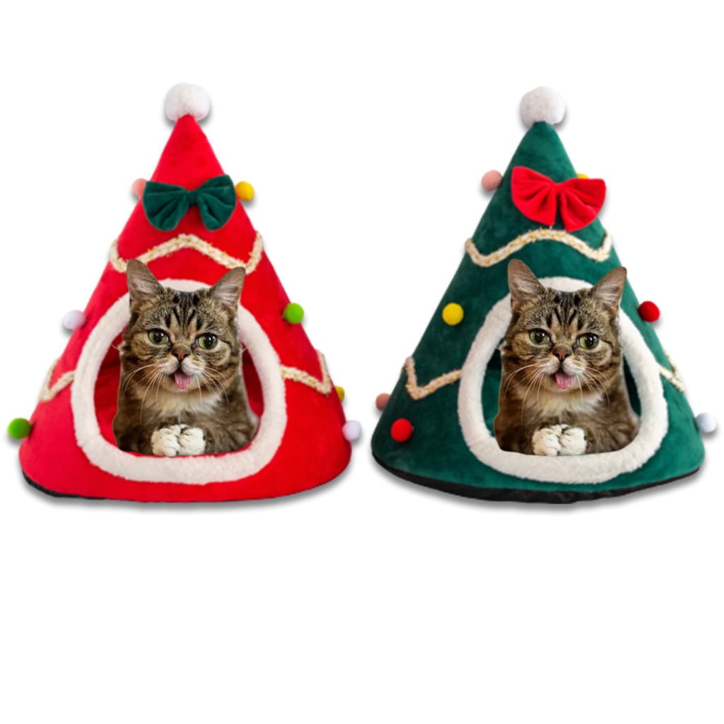 Summercome Christmas Tree Dog House, Cozy Dog Cave Pet Sleeping Bed Puppy Tent with Removable Cushion, Pets Bed for Large Dogs Cats Xmas Decoration, (Green, L Size 21.65in)
