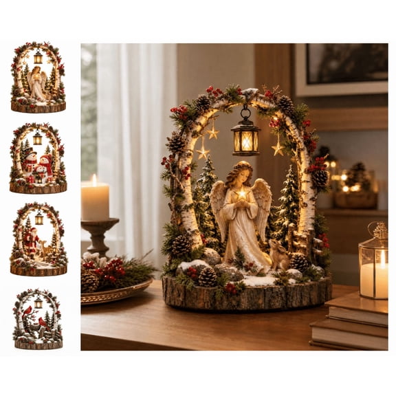 Lighted Angel Birch Arch Christmas Tabletop Lantern Decor, Woodland Christmas Tabletop Centerpiece with Warm LED, Hanging Glowing Lantern & Snow-Dusted Wood Slice Base, Holiday Decor Gift