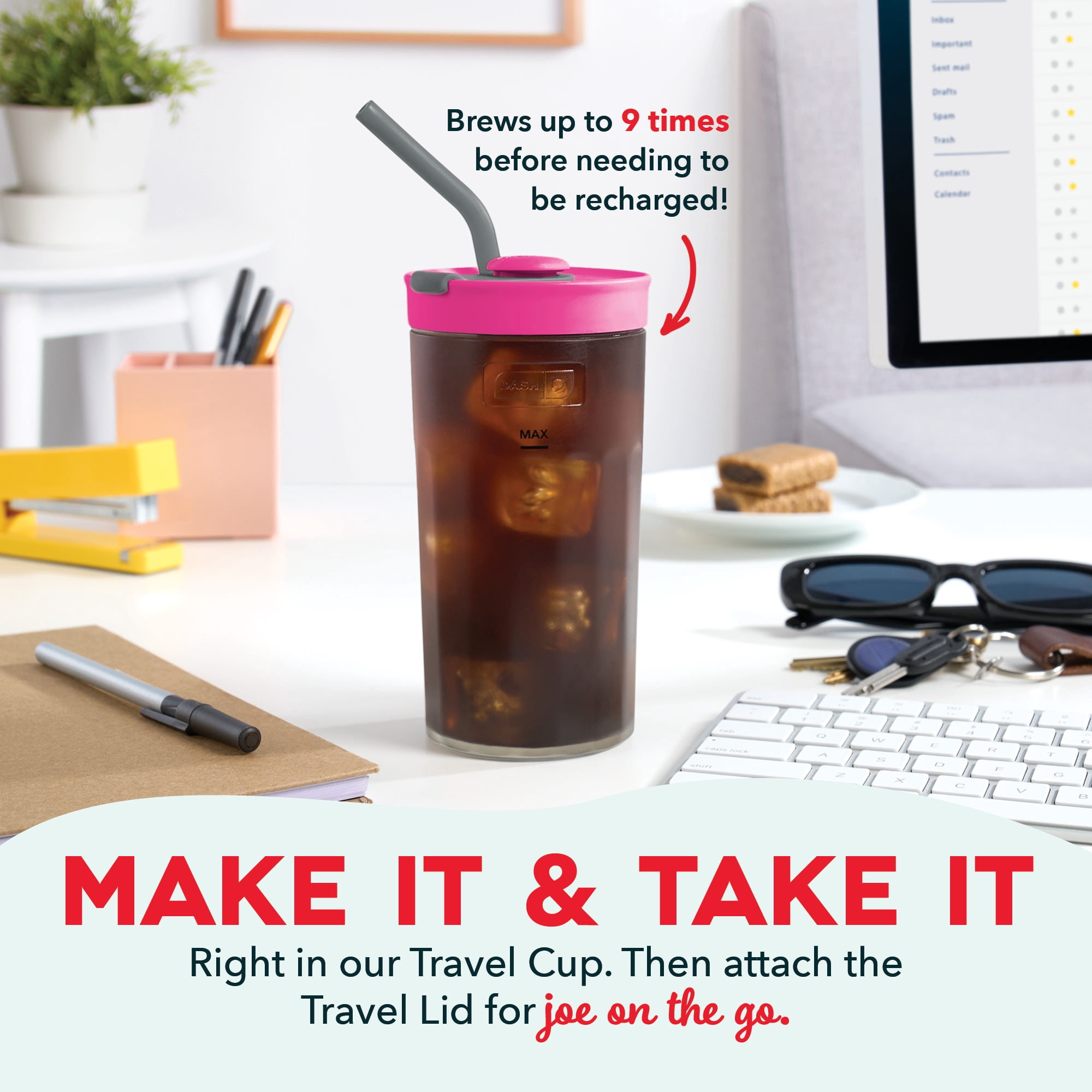 Dash Brew2Go™ Portable Cold Brew System, Makes 1.5 Cups Coffee, Pink