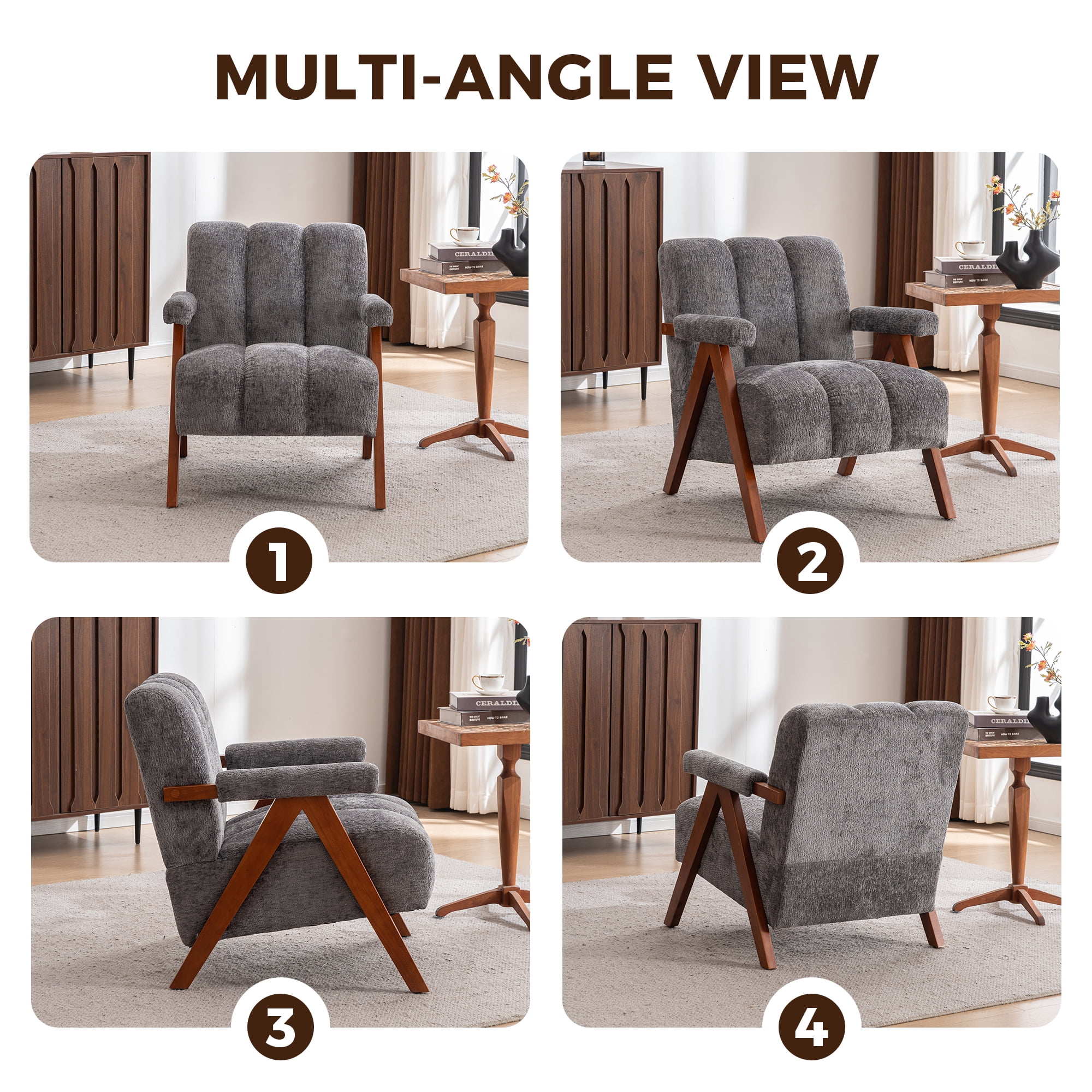 MOONMISS Mid Century Modern Accent Chair with Solid Wood Frame, Boucle Upholstered Living Room Chairs with Thick Cushion, Comfy Tufted Arm Chair for Bedroom,Gray