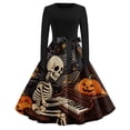 thumbnail image 2 of Women's Halloween Dress Ghost Hepburn Long Sleeve Fall Swing Dress Skeleton Cocktail Crew Neck Retro Tea Length Dress with Belt 2XL, 2 of 6