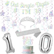 Iridescent 10th Birthday Decorations for Girl - Out Single Digits I'm 10 Banner, Cake Topper, Hanging Swirls, Crown and Sash for Silver Double Digits 10 Years Old Birthday Party
