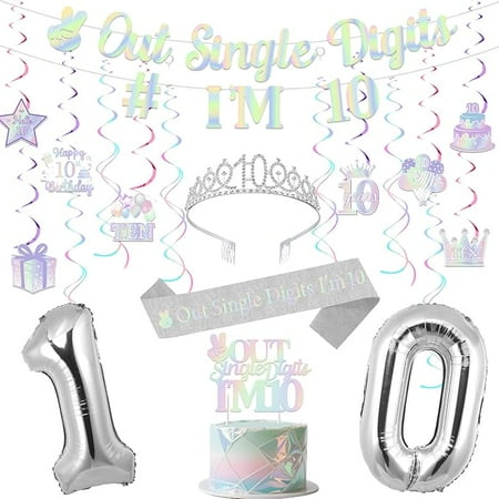 Iridescent 10th Birthday Decorations for Girl - Out Single Digits I'm 10 Banner, Cake Topper, Hanging Swirls, Crown and Sash for Silver Double Digits 10 Years Old Birthday Party