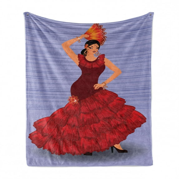 Spanish Soft Flannel Fleece Throw Blanket, Daincing Cartoon Lady with a Fan and Ethnic Clothes, Cozy Plush for Indoor and Outdoor Use, 50" x 70", Maroon Vermilion, by Ambesonne
