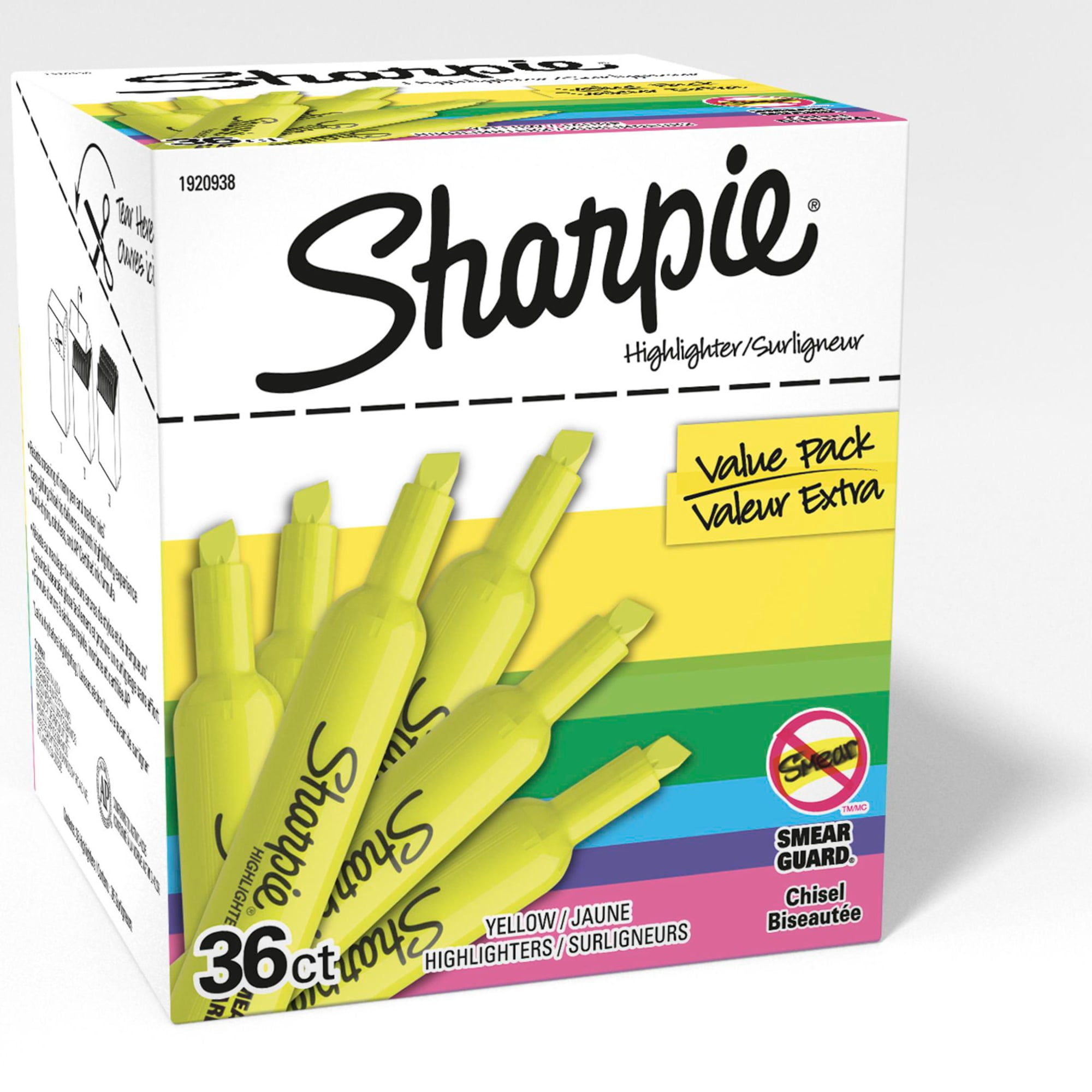 Sharpie Tank Style Highlighters, Chisel Tip, Fluorescent Yellow, Box of 36