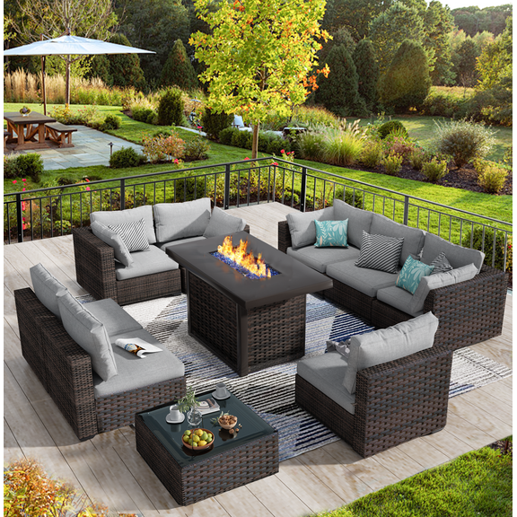 TANGJEAMER 10 Piece Patio Furniture Set with Fire Pit Table, All Weather Outdoor Sectional PE Rattan, Patio Conversation Sets with Cushions and Glass Coffee Table for Garden Lawn Balcony, Grey