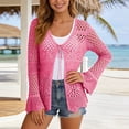 thumbnail image 2 of JIAYUE Women's Swimsuit Cover-Ups Solid Color Long Sleeve V Neck Lace Up Knit Scalloped Beach Hollow Cardigan Comfortable Swimwear Cover Up Top, 2 of 6
