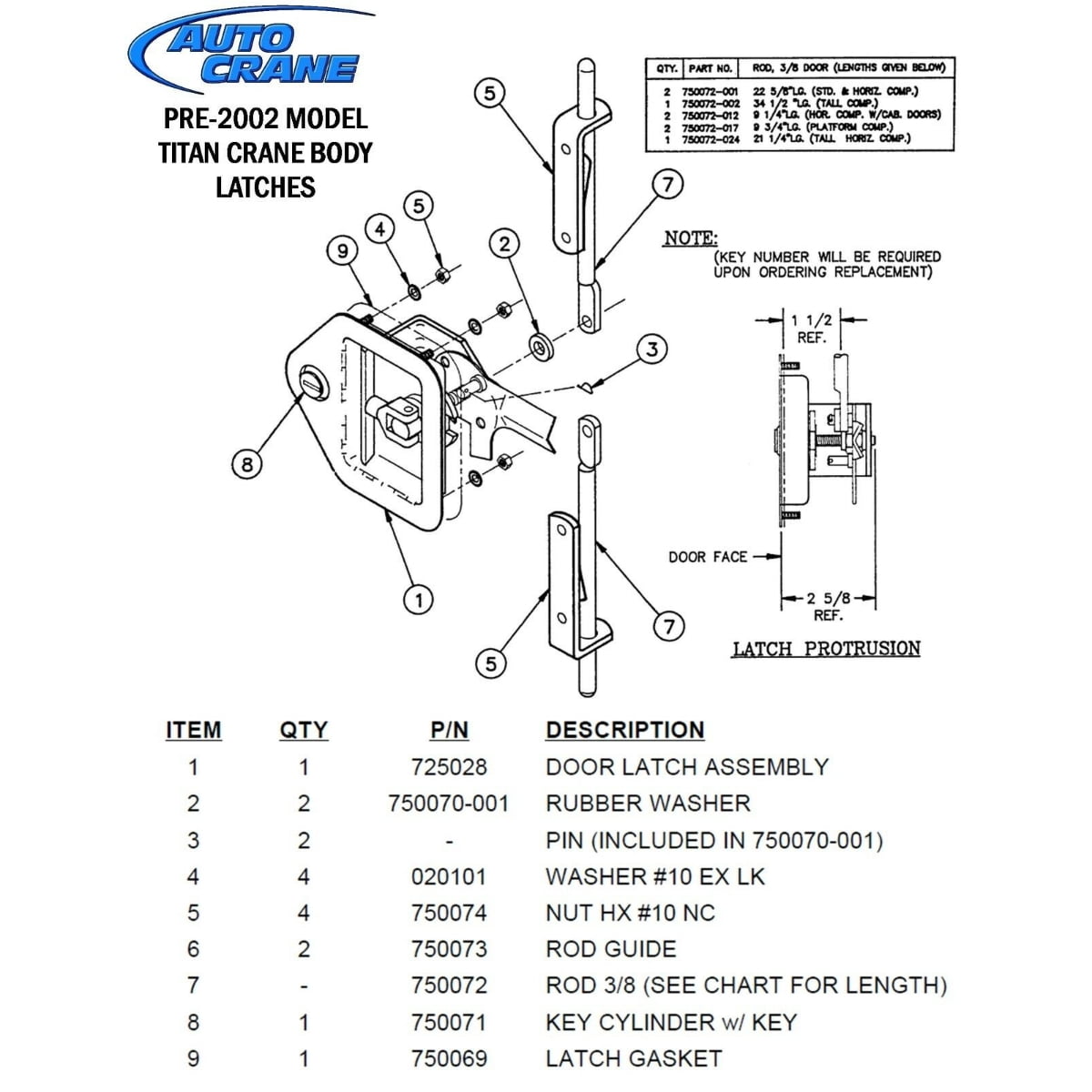 Auto Crane 725028000, Door Latch & Key for Auto Crane Truck Bodies (1980-2001)