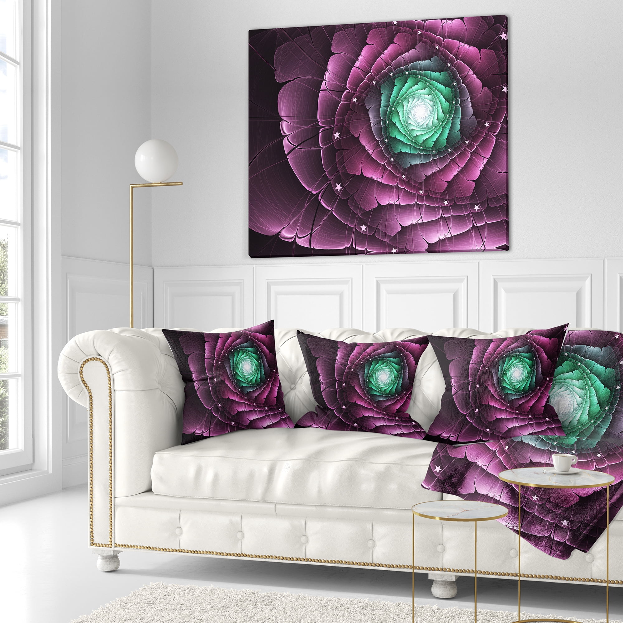 Designart Fractal Flower Green Purple Digital Art - Floral Throw Pillow - 18x18