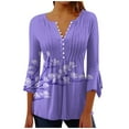thumbnail image 2 of Leesechin Women's Casual Trumpet 3/4 Sleeve Printed Buttoned Basic Ruched Tops Pleated T-shirts Blouses in Clearance, 2 of 5