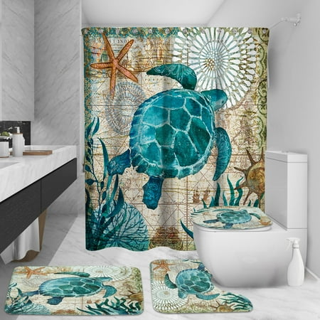 Christmas Bathroom Sets Sale 60x71 inch Blue Tortoise Waterproof Distinctive Bathroom Fabric Shower Curtain (with 10 hooks) With/Without 3 PCS Non-Slip Pedestal Rugs Toilet Seat Lid Cover Set Christmas Gift ()