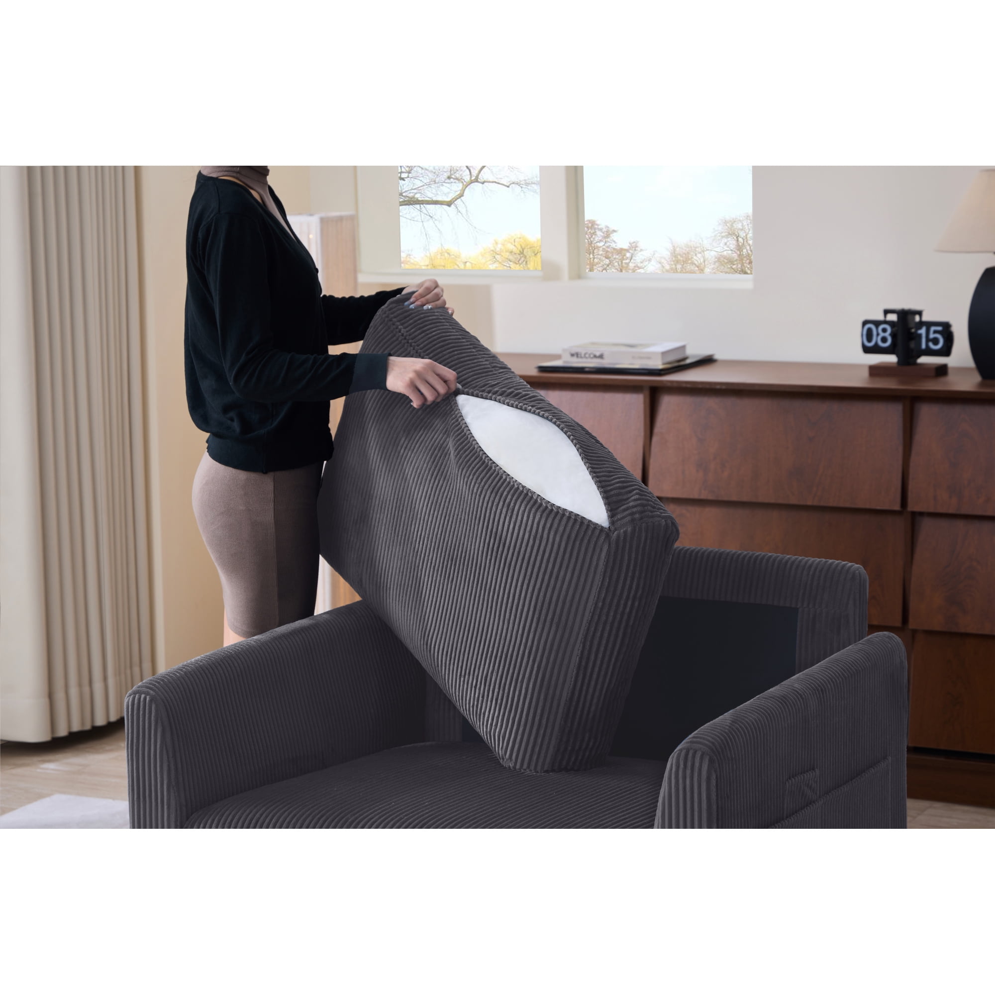 Leumius Corduroy Accent Chair, Modern Upholstered Single Sofa Armchair with 2 Pillows and Side Storage Pockets,Comfy Oversized Reading Chair for Living Room, Bedroom, Apartment,Blue