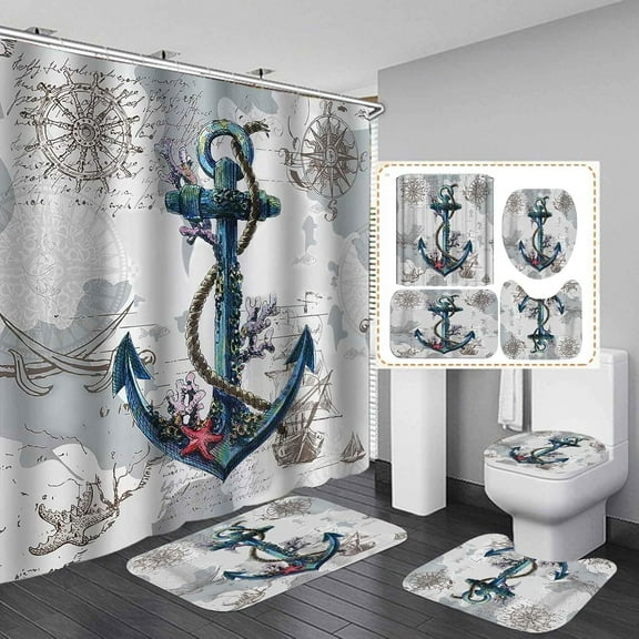 4PCS Vintage Blue Anchor Shower Curtain Set, Barnwood Rustic Farmhouse Rudder Compass Coral Starfish Sea Ocean Beach Coastal Nautical Bathroom Decor, Non-slip Bath Mat Toilet Rug, Retro Anchor