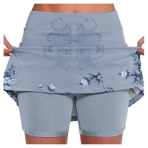FASHOFT Tennis Skirts For Women Retro Floral Printed Double Layer Skort With Pockets For Daily Fitness And Leisure Wear Womens Athletic Skirt Blue