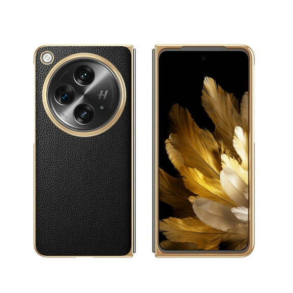 Nalacover Case for One Plus Open/OPPO Find N3 Electroplated Slim Folding Phone Case, Lychee Pattern PU Leather Plating Frame Shockproof Protective Cover for One Plus Open/OPPO Find N3, Black