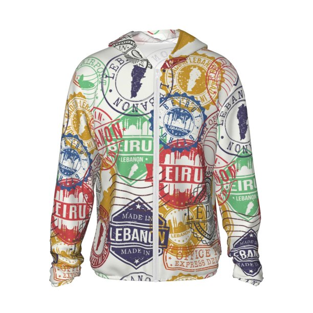 Fotbe Travel Stamp Chaqueta con Protección Solar UPF 50+ para Hombre y Mujer, Camisa con Capucha y Bolsillos-XX-Large