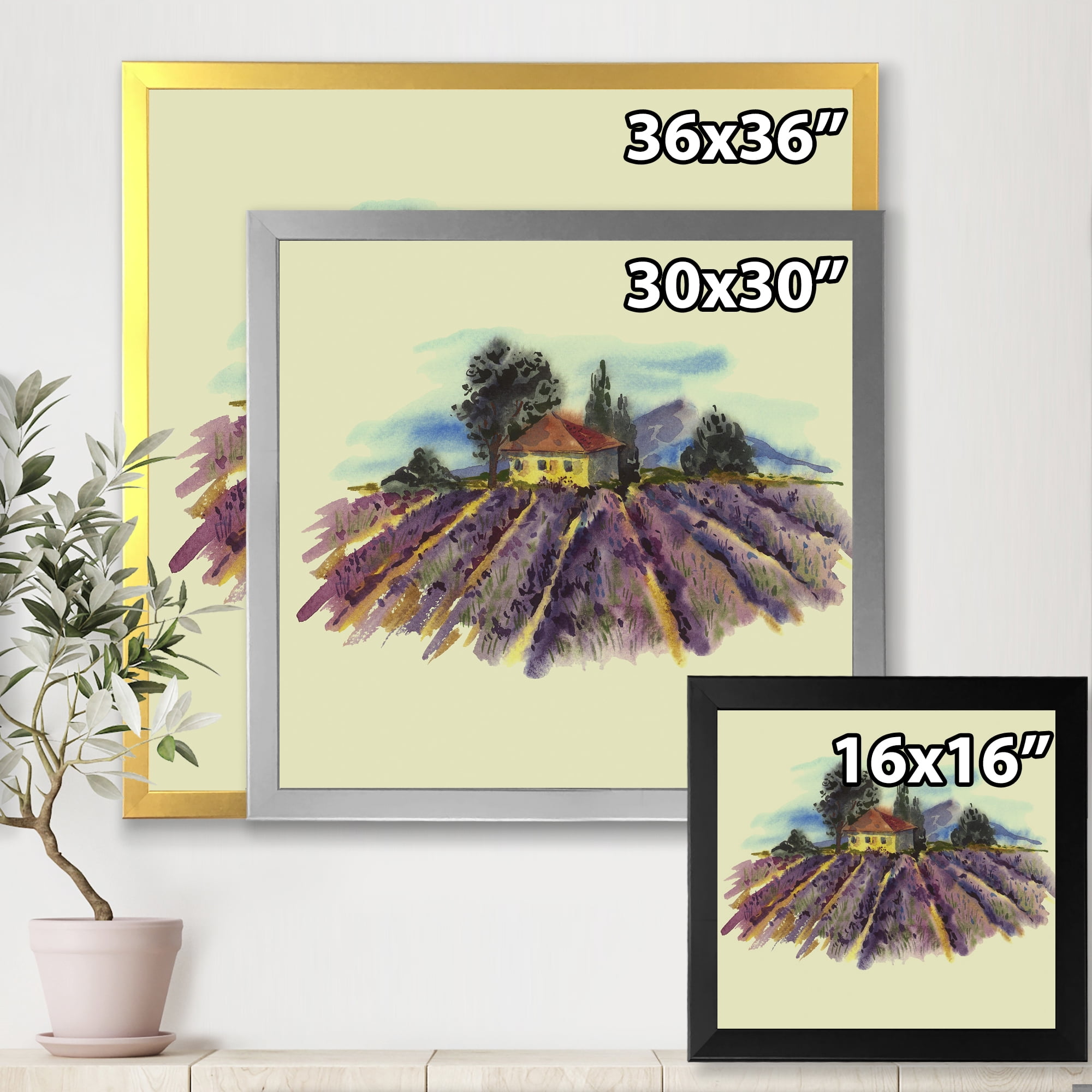 Designart 'Landscape With Blooming Lavender and Village House' Traditional Framed Art Print