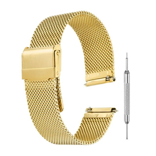 Correas de reloj de malla para hombres y mujeres, correa de reloj de acero inoxidable con liberación rápida y herramientas (18 mm, dorado)
