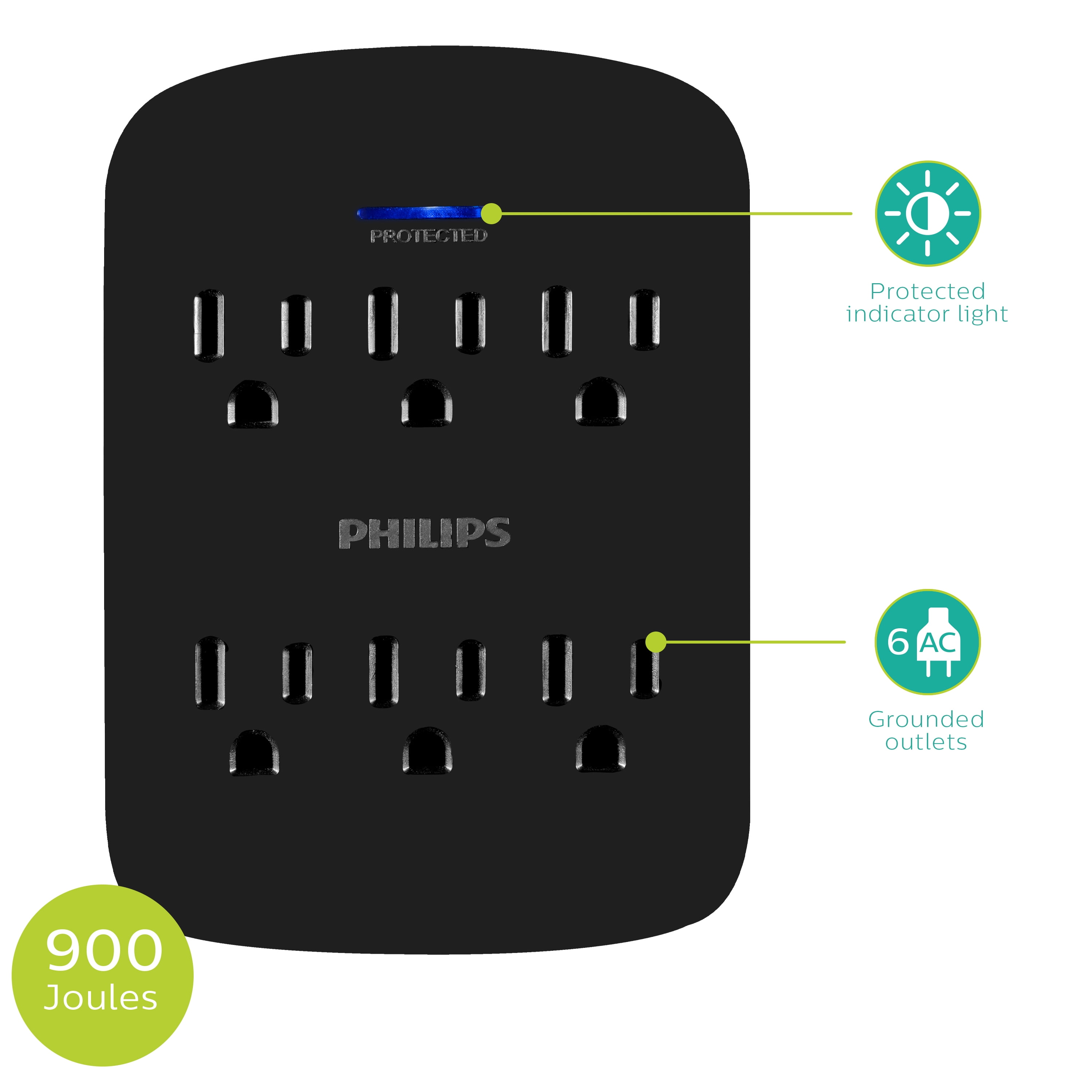 Philips 6-Outlet Surge Protector Tap with LED, 900J, Black