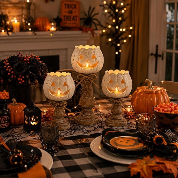 Halloween Rustic White Pumpkin Tealight Candle Holder Set of 3, Farmhouse Jack O Lantern Tealight Holders with Wood Look Pedestal & Jute Bow, Halloween Decorations Table Centerpiece Decor
