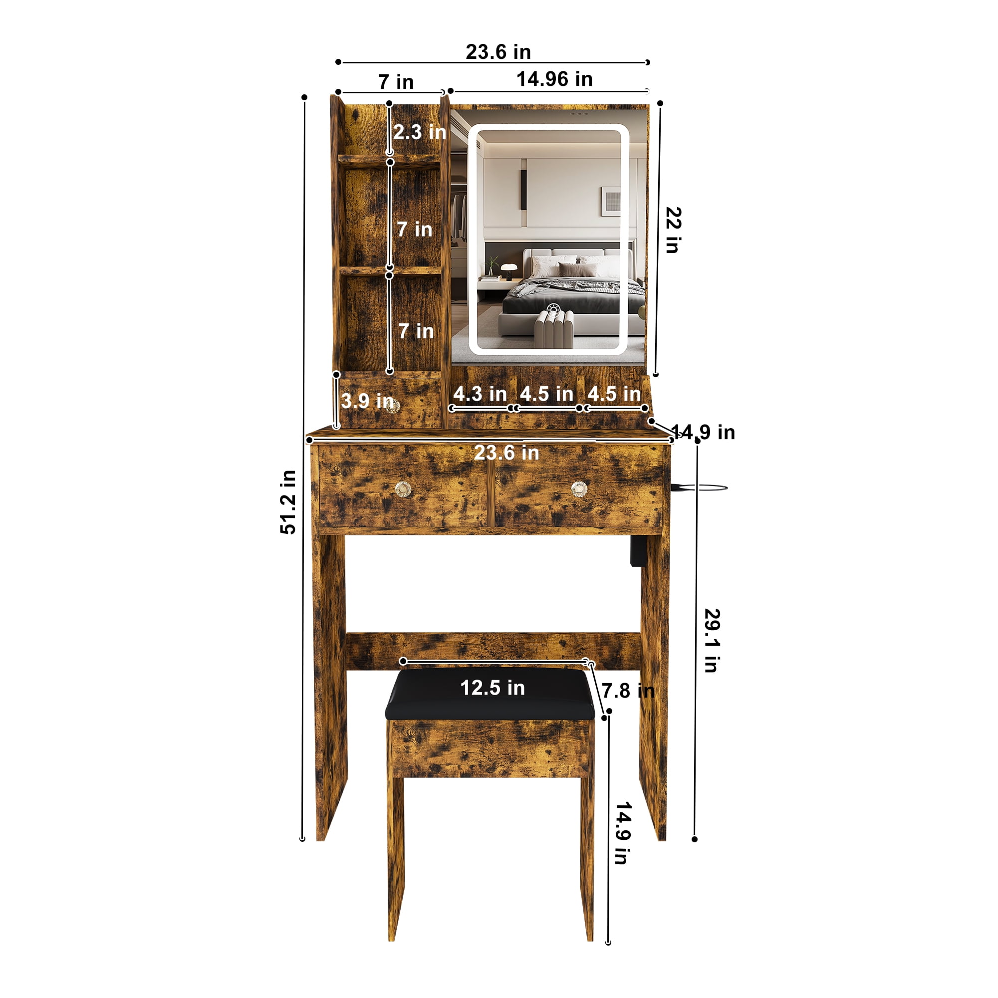 Mintazer Modern Vanity Desk Set with LED Mirror & Stool, Makeup Vanity with Power Outlet, Hair Dryer Holder, 3 Drawers & Open Shelves, Brown