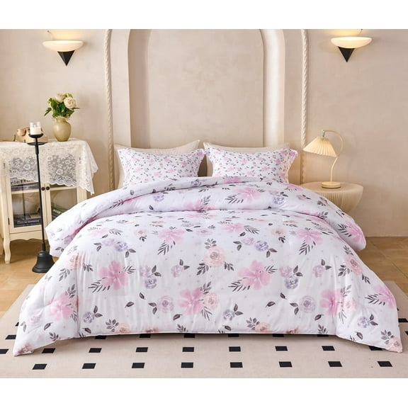 Koniroom 2PCS Lavender Purple Floral Comforter Set Twin Size, Kids Teen Girls Watercolor Botanical Boho Bedding Sets with Cute Flowers for Children