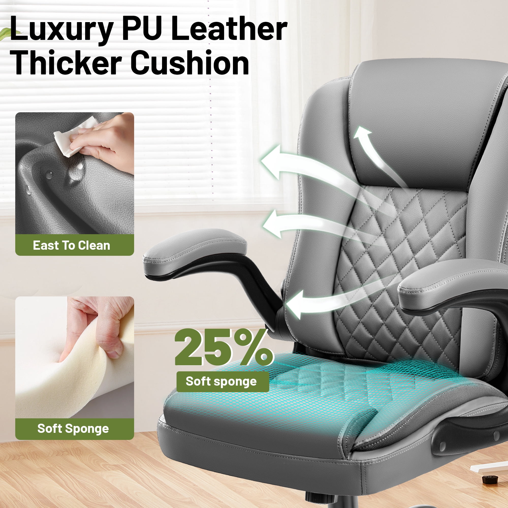 ATHOPE Leather Office Chair, 400lbs Ergonomic Desk Chairs with Back Support, Computer Chair with Wheels and Adjustable Armrest for Home Office, 360°Swivel Free, Gray
