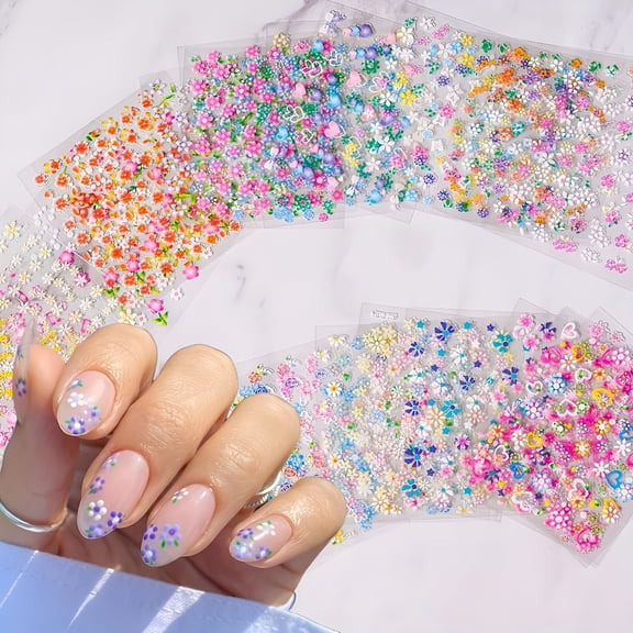 RAGUPEL 30 Sheets Flower Nail Stickers Colorful 3D Self Adhesive Cute Daisy Floral Nail Decals Heart Nail Art Charms for Diy Design