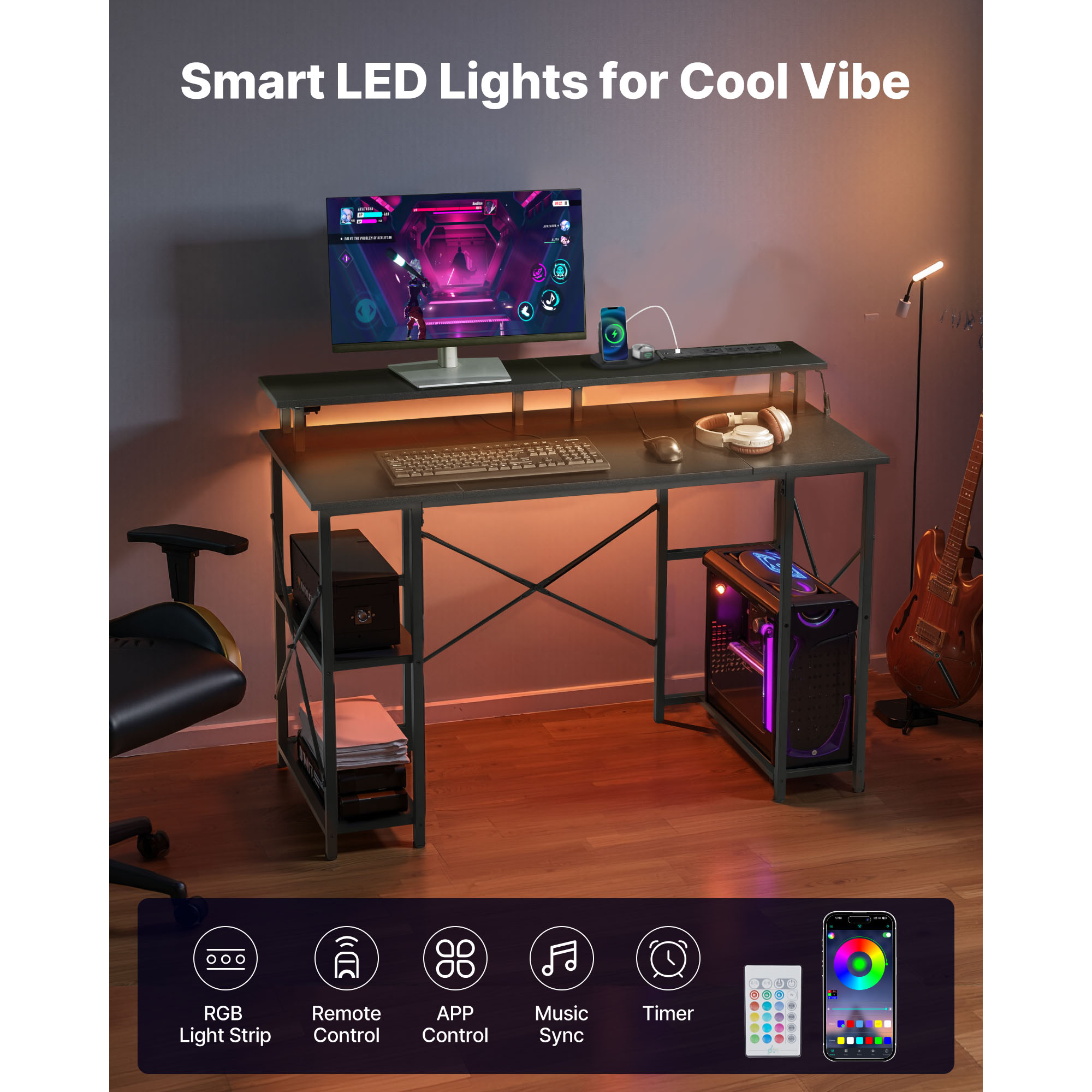 KFFKFF 47" Gaming Desk with LED Lighting & Power Outlets, Computer Desk with Monitor Riser and Storage Shelves, Black