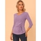thumbnail image 3 of Top acanalado de decoración de botones de punto sólido de las mangas del cuello en V de las mujeres 3/4 Gris VioleM Allegra K, 3 of 5