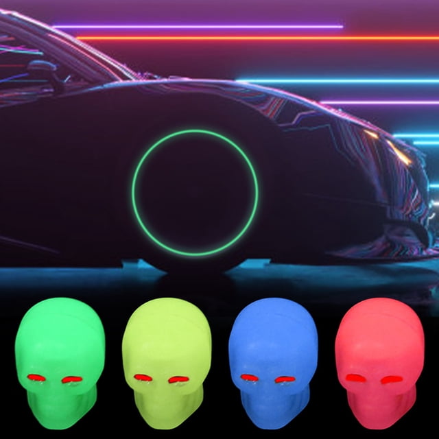 Tapones luminosos para válvulas de neumáticos - Pack de 4 tapones de goma que brillan en la oscuridad para coches, camiones, SUVs, motocicletas • Instalación fácil de apretar a mano • Adapta a